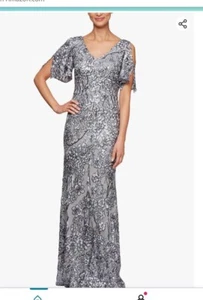 Alex Evenings Women's Long Sequin Dress with Flutter Sleeves - Picture 1 of 3