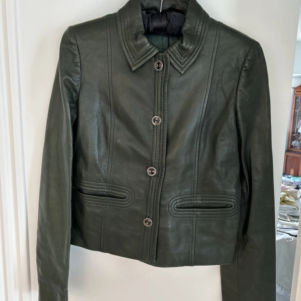 Подлинный GUCCI темно-зеленый мягкий кожаный жакет с логотипом кнопки SZ S (4-6) - Изображение 1 из 4