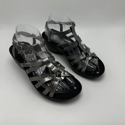 Abeo T-Strap Open Toe Strappy Sandal Leather Sz 8 Metallic Silver Comfort Shoe - Image 1 of 4