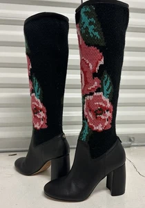 Nanette Lepore Women’s Knee High Boots 9M Black Leather Floral Knit Block Heel - Picture 1 of 12