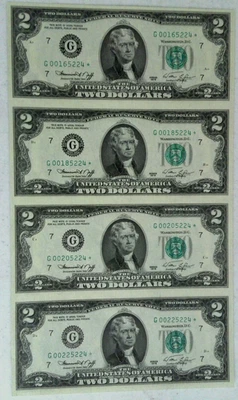 1976 UNCUT SHEET OF 4 $2 TWO DOLLAR STAR  NOTES Chicago G00165224* - Image 1 of 3