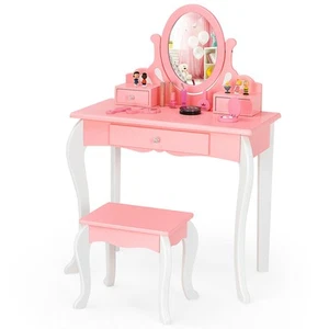 Kids Vanity Princess Makeup Dressing Table Stool Set W/ Mirror Drawer Pink - Picture 1 of 9