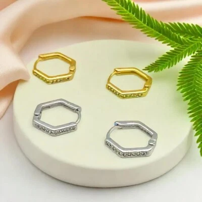 Trendy Geometric Hoop Earrings, Gold & Silver Hexagon and Diamond Hoops. - Image 1 of 4