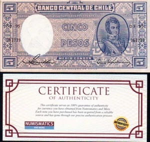 Chile 5 Pesos (1/2 Condor) (1960-1961) UNCIRCULATED P-121a USA Seller COA - Picture 1 of 2