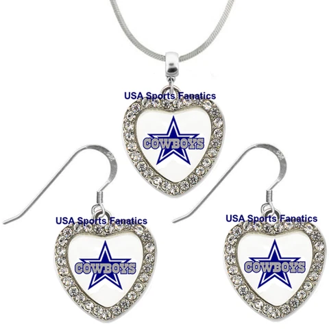 Dallas Cowboys 925 Necklace or Earrings or Set Team Heart With Rhinestones Cover