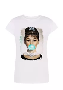 T-Shirt Audrey Hepburn disegno Donna 100% Cotone Taglia S>XXL - Zdjęcie 1 z 3