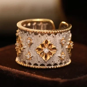 Retro Court Style Hollow Natural Diamond Unisex Open Ring 14K 2-Tone Gold Gift - Picture 1 of 13