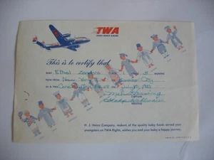 Vtg 1951 Certificate of travel TWA airlines Constellation flight HJ Heniz ad - Picture 1 of 5