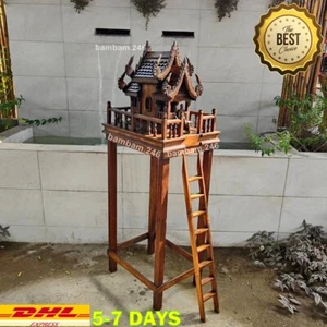 Komplettset großes Thai Spirit House + 4 Stangen Ständer Teakholz Holz Buddha Amulett W - Bild 1 von 10