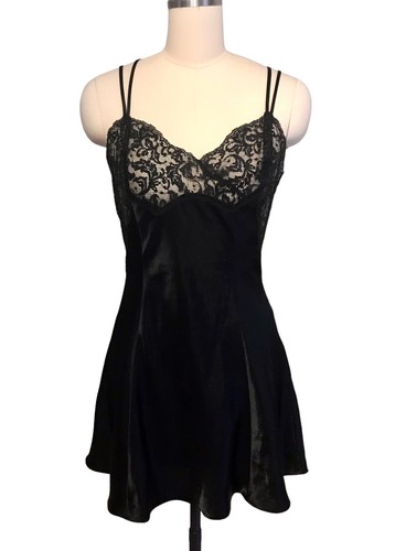 UNDERCOVER Y2K Victoria’s Secret abito nero raso slip orlo pizzo strega leggi donna taglia S