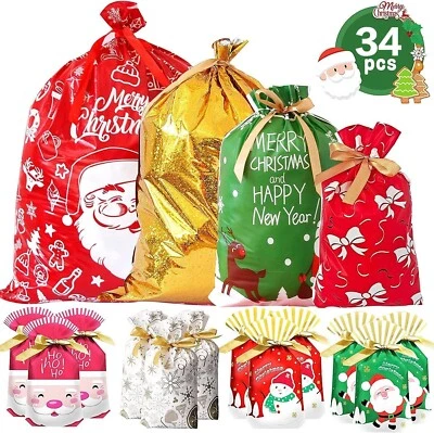 DREAMCART LTD 34 Pcs Christmas Gift Bags Drawstring Wrap Present Party Treat Bags Storage UK