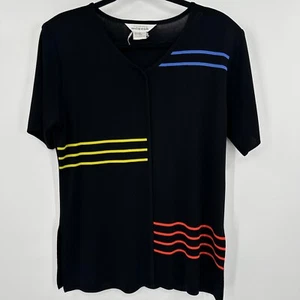 Exclusively Misook Blouse Womens Large Multi Striped Acrylic Short Sleeve V Neck - Picture 1 of 9