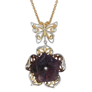 Silver Amethyst Pendant Necklace 17 3/4" - 925 Gold Plated Carved Flower - Picture 1 of 8