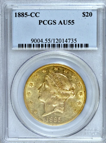 1885-CC PCGS AU55 Mintage 9,450 ◉ Carson City $20 Double Eagle ◉ Twenty Dollars Cover
