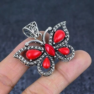 Sterling Silver Red Coral Butterfly Shape Pendant Handmade Boho Gemstone Gift - Picture 1 of 4