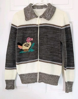 VTG 80s Duck Cardigan Sweater Womens Small Beige Gray Cable Knit Cottage Mallard - Image 1 of 4