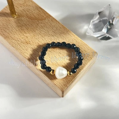 Anillo de dedo elástico ajustable perla blanca natural gemas espinela negra facetadas de 3 mm Foto 1 de 4