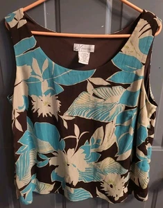 Dressbarn Sleeveless Blouse Women’s Size 14W Brown Teal Floral Tank Top Pre-own - Picture 1 of 5