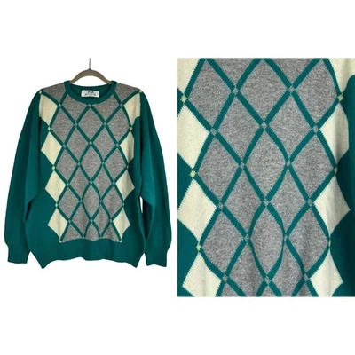 Vintage Pringle Of Scotland Men's 100% Wool Diamond Crew Neck Sweater Teal XL - Image 1 of 4