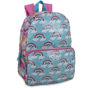 Girls Sequin Rainbow Backpack Blue Pink White Padded Straps School Book Bag - Picture 1 of 4