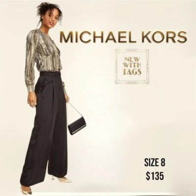 Pantalones para mujer Michael Kors de pierna ancha negros satinados talla 8 informales medianos $135 Foto 1 de 4