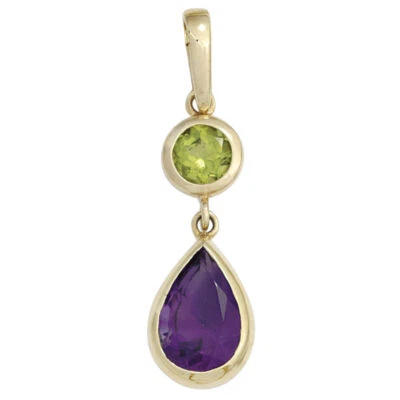 Pendiente Peridoto Verde Amatista Gota Violeta 585 Oro Amarillo Dama - Imagen 1 de 3