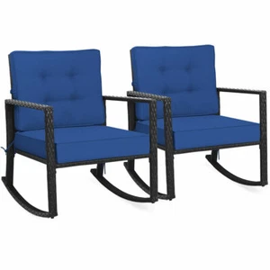 2 PCS Patio Rattan Rocker Chair Outdoor Glider Rocking Chair Cushion Lawn Navy - Picture 1 of 8