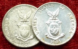1944 D & 1937 M Philippines 10-Centavos Silver Coins, 75% Silver, KM #181 - Picture 1 of 4