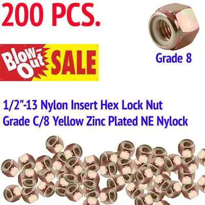 KG USA 1/2"-13 Nylon Insert Hex Lock Nut Grade C/8 Yellow Zinc Plated NE Nylock - 200PC