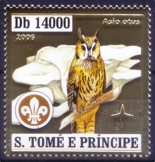 Santo Tomé 2006 MNH, búho de orejas largas, aves rapaces, explorador, extraño exploración de láminas de oro Foto 1 de 1