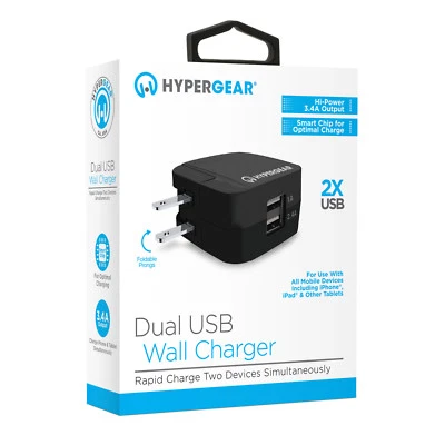 USB Wall Charger Dual Port 1A / 2.4A Rapid Charge HyperGear Black - Image 1 of 4