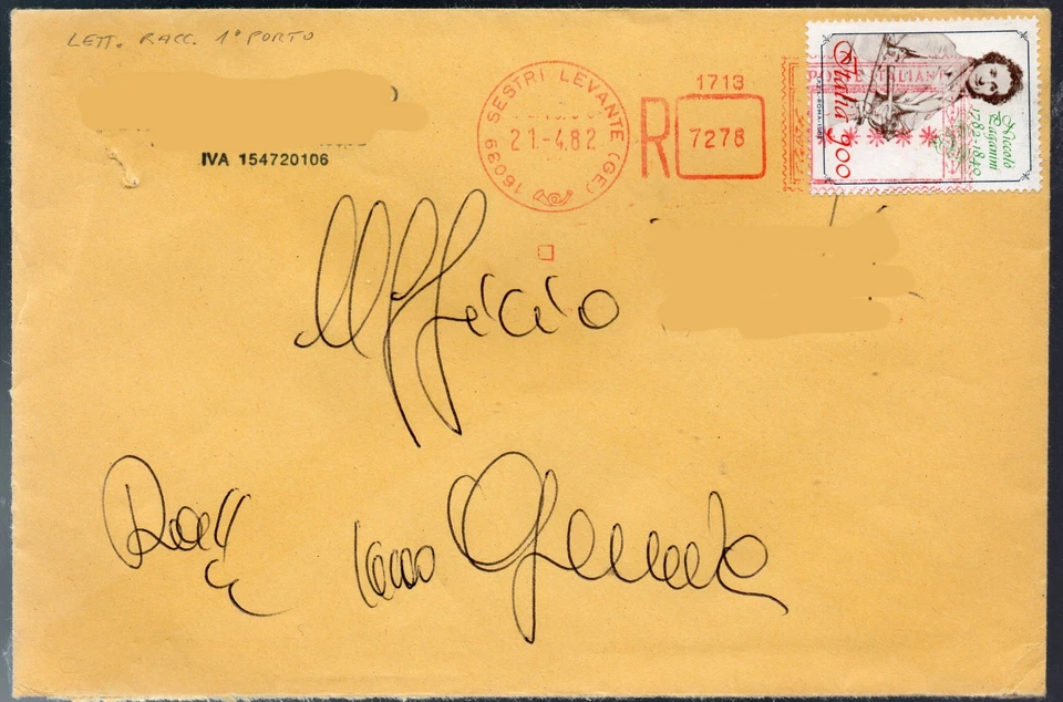 1982 Repubblica 900 l.ire  Paganini su busta Raccomandata - Immagine 1 di 1