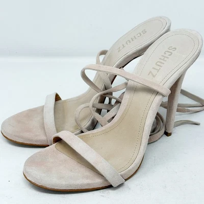 Sandálias stiletto Schutz CHLOE couro camurça creme rosa doce tamanho 9,5 B com cadarço - Imagem 1 de 4