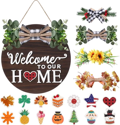 Interchangeable Wooden Seasonal Welcome Sign, Rustic round Welcome Front Door Wr - Image 1 of 4
