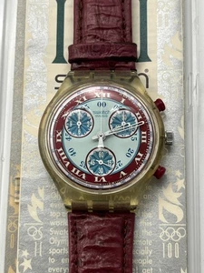 Orologio SWATCH Chrono WINDMILL (SCK103)-Ø38mm-Blu/Rosso-Pelle-Cronografo-GUARDA - Picture 1 of 8