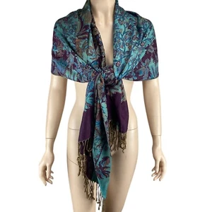Floral Paisley Cashmere Shawl Scarf Wrap W/ Fringe Turquoise & Purple - Picture 1 of 6