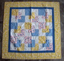 Homemade Baby Quilt 38"x38" Yellow Blue Pink Cotton Floral Squares Stitched