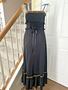 Maxi abito nero vintage anni 70 Vicky Vaughn spaghetti strap BOHO sm. Top con volant - Foto 1 di 5