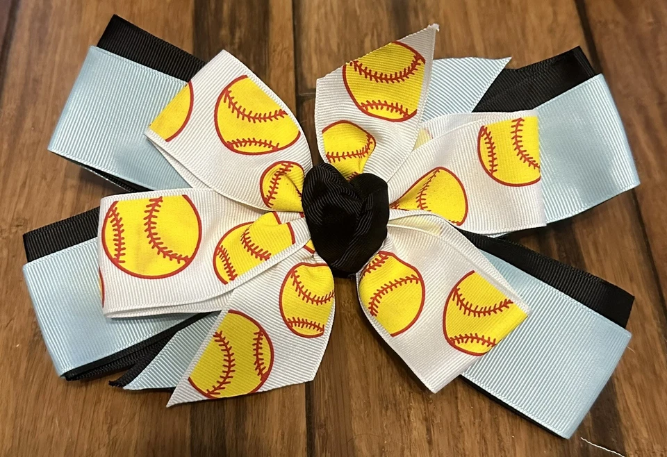 Софтбольный тройной бант детский синий и черный бант для волос со стволом 60 мм - Изображение 1 из 1