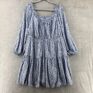 Old Navy Dress 3X Blue Paisley Floral Babydoll Tiered Square Tie Neck Smocked - Picture 1 of 17