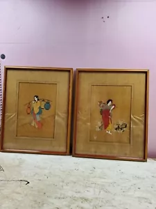 Par MCM Pintura Asiática China Sobre Madera Enmarcada 17x21 Mujeres En El Trabajo (h221) - Imagen 1 de 3