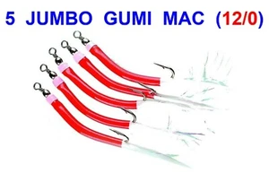 5 RED & WHITE GUMI MAC SAND EELS 12/0 SEA FISHING LURES POLLOCK COD RIGS PIRKS - Picture 1 of 1