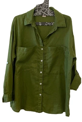 Льняная рубашка MAGASCHONI на пуговицах армейская зеленая БОЛЬШОГО РАЗМЕРА Lagenlook XS грудь 22 дюйма - Изображение 1 из 4
