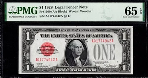 $1 1928 Legal Tender, Fr. 1500 RED SEAL ACE Puerto Rico Note PMG Gem Unc 65EPQ - Picture 1 of 2