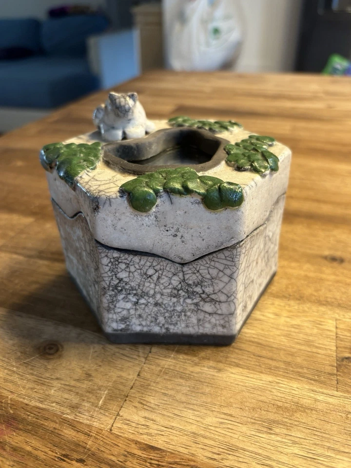 Handmade Trinket Box With Cat Mirror Pond And Greenery Beautifully Detailed OOAK - Image 1 of 4