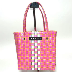Auténtico Bolso de Cesta MARNI Bolso de Mano a Rayas PInk Blanco Logo Usado Mujeres - Imagen 1 de 24