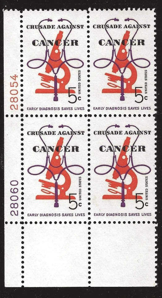 US Scott #1263, Plate Block #28054/28060 1965 Cancer 5c FVF MNH Lower Left - Image 1 of 1