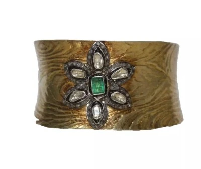 Brazalete de boda de plata 925 con diamantes Polki talla rosa de 1,42 quilates esmeralda Foto 1 de 4