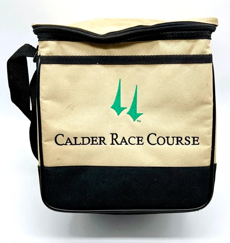 Vintage Calder Race Course Horse Racing - Insulated Cooler Lunch Box Tan Bag Cover