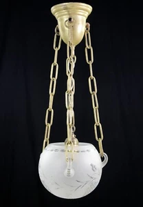 Traditional Etched Frosted Glass Bowl Brushed Brass Pendant Light - Picture 1 of 8